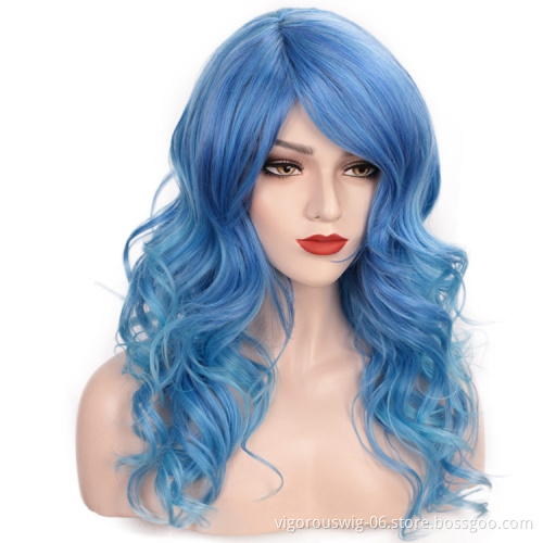 Vigorous Long Curly Lake Blue Wig for Cosplay Girls Women Heat Resistant Fiber Synthetic Hair Party Cosplay Wigs